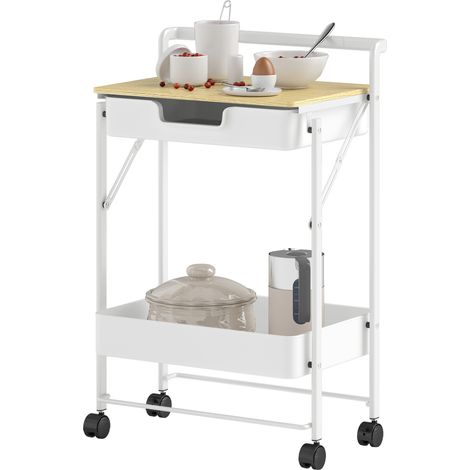 Chariot auxiliaire 2 niveaux avec tiroir, plan de travail et panier en grille, blanc (1/5)