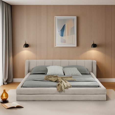 Lit double (160 x 200 cm), revêtement en tissu chenille, tête de lit confortable, structure robuste en bois d'eucalyptus et en fer, montage facile, beige (matelas non inclus) (1/5)