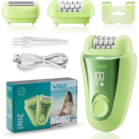 Epilateur Electrique Femme 2 en 1 Avec 32 Pincettes, Étanche IPX7  Rasoir Electrique Femme avec Écran LED pour Zone Intime, Visage et Corps, Tondeuse Femme Avec Recharge USB, Vert (1/5)