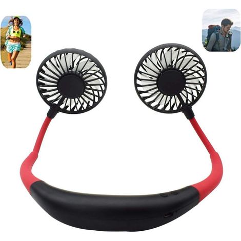 Petit ventilateur portable USB. Ventilateur de poche. Mini ventilateur de voyage rechargeable 2000 mAh. Ventilateur tour de cou avec double tête de ventilation et design avec écouteurs. (1/4)