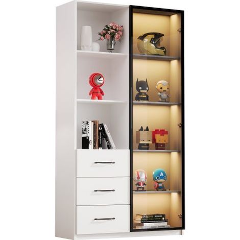 Zqoyn Vetrina a LED 80 x 40 x 160 cm - Libreria con anta in vetro temperato e illuminazione a LED, 3 cassetti e 3 ripiani aperti, struttura in alluminio, LED multicolori (1/5)