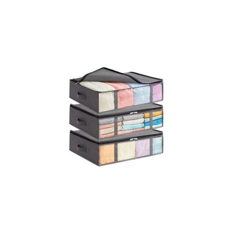 Sacs de Rangement sous Lit, Boite Rangement Vetement Pliable, Housse Rangement Couette, Organisateur Placard avec Fenêtre Transparente pour Serviettes, Couvertures, Gris, 40 L, Lot de 3