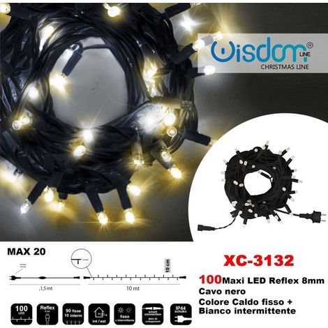 Wisdom - Catena Luminosa 100 Luci Led Lucciole Caldo Fisso + Bianco Intermittente Xc-3132 -