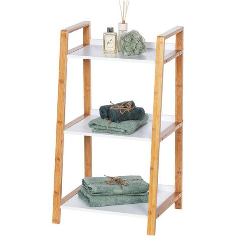 Wenko – Étagère à trois niveaux blanche en bambou – Rangement compact pour salle de bain – Design léger et mobile – Optimise l'espace (1/5)
