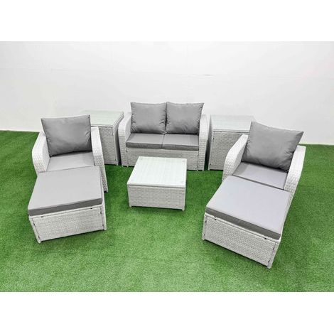 Fimous Light Grey PE Wicker Rattan Garden Furniture Set Sofa Set Reclining Adjustable Chair Square Coffee Table 6 Seater 2 Big Stools 2 Side Table (1/4)