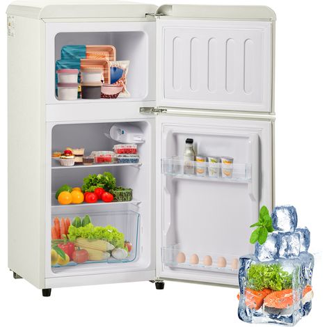 Retro Kühlschrank Mini Kühlschrank 60L Cremeweiß, Kleine Gefrierkombination Freistehend mit 22L Gefrierfach, Zweitüriger Getränkekühlschrank 88cm