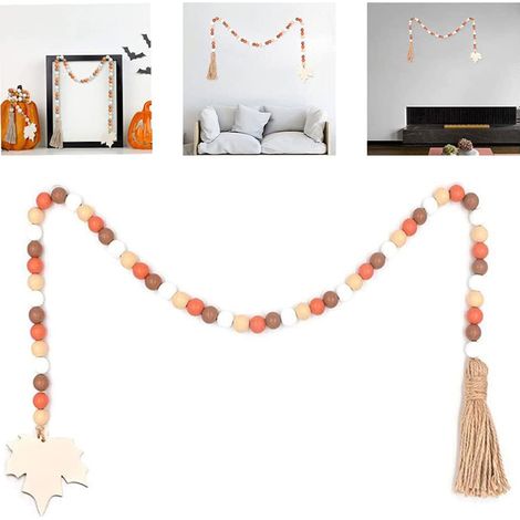 Collier de perles de bois Garland décoratif avec pendentifs feuille d'érable pour Halloween et décoration rustique d'automne - Longueur 1m - Bois naturel (1/5)