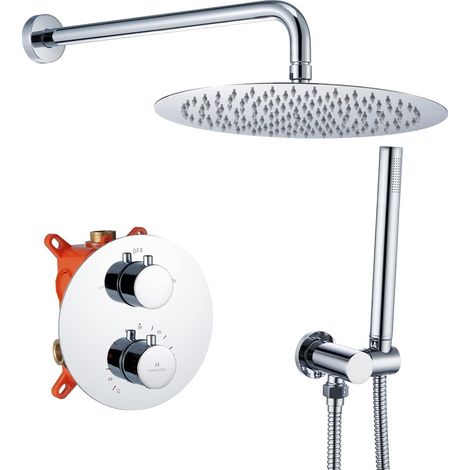 Système de douche à effet pluie, avec thermostat, mitigeur encastré, pommeau de douche de 30,5 cm, système de douche anti-brûlure avec douchette, corps en laiton (1/5)