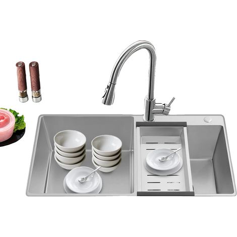 Évier de cuisine, 78x43x21 cm, Double cuve, Acier inoxydable, Argent brossé, Installation sur plan de travail (1/5)