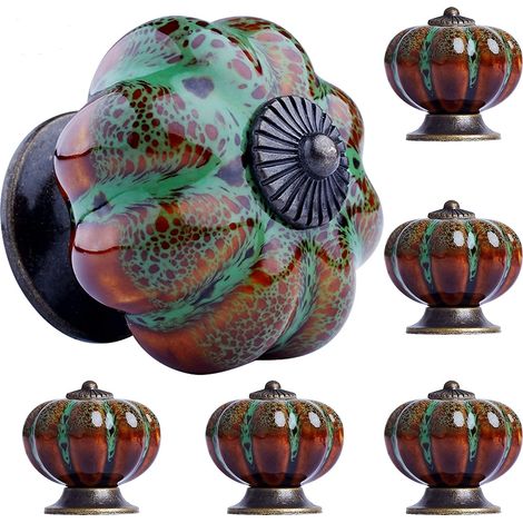 Set mit 6 Schubladengriffen aus glasierter Keramik im Vintage-Stil in Kürbisform für Schränke, Schubladen, Kommoden und Kleiderschränke (grün)