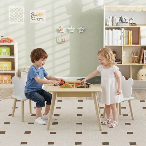 Table enfant avec 2 chaises, ensemble de sièges enfant avec rangement, dossier en forme d'ours pour enfants de 3 à 6 ans, bois naturel (1/5)