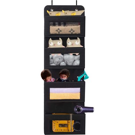 Organizer portaoggetti da appendere in morbido tessuto con 4 tasche e finestra trasparente, ideale per la dispensa, la camera dei bambini o il bagno. Nero. (1/5)