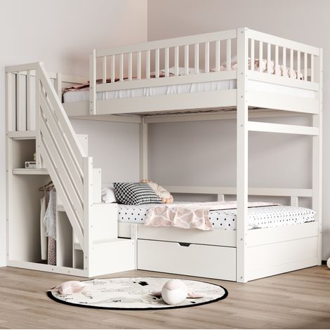 Cama litera 90x200 cm con cajones, escalera con almacenaje, blanco HAVRYA (1/5)