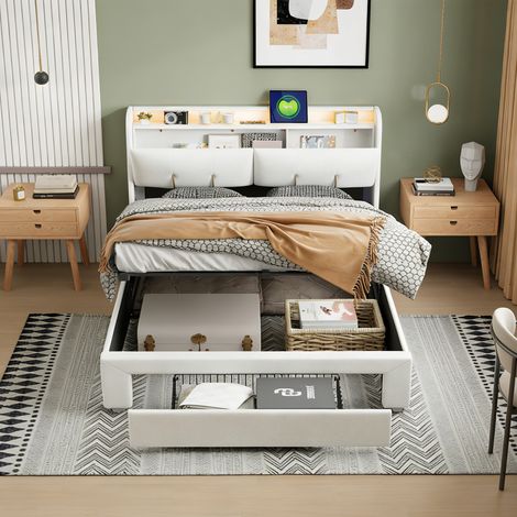 Polsterbett 160x200 mit Stauraum kopfteil und LED,Stauraumbett mit Schubladen und USB,Jugendbett mit Lattenrost,Samt,Beige