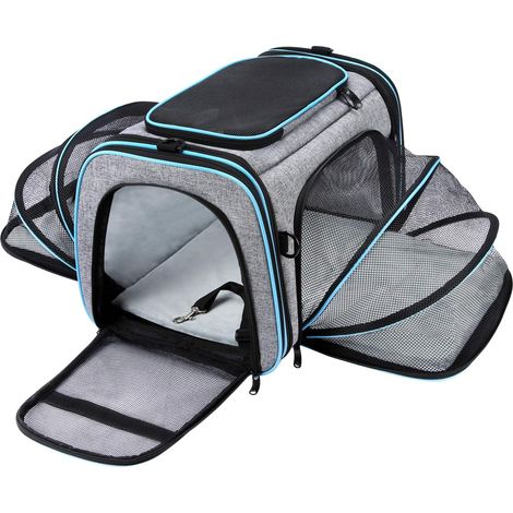 Flugtaugliche Haustiertransportbox, 4-seitig erweiterbare und faltbare Katzentransportbox mit herausnehmbarer Wollpolsterung und Taschen, geeignet für Katzen (1/5)