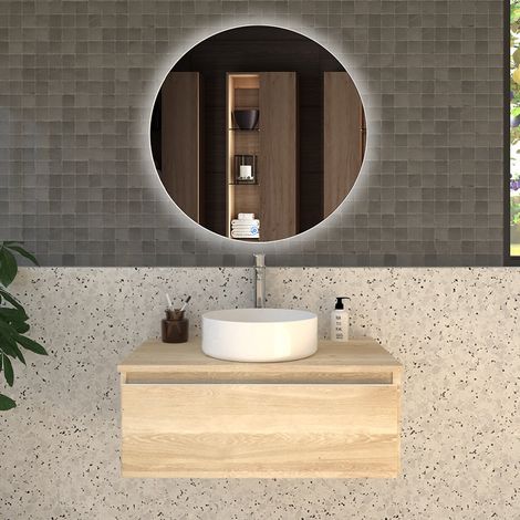 Meuble de salle de bain 1 tiroir avec vasque à poser ronde - bambou (chêne clair) - PENA et miroir Led SOLEN - 80cm (1/5)