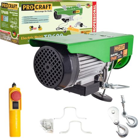 Argano elettrico Procraft TP600 Argano a fune 1200 W 6 mm Capacità di carico senza/con puleggia di rinvio 300/600 kg Altezza di sollevamento 12/6 m