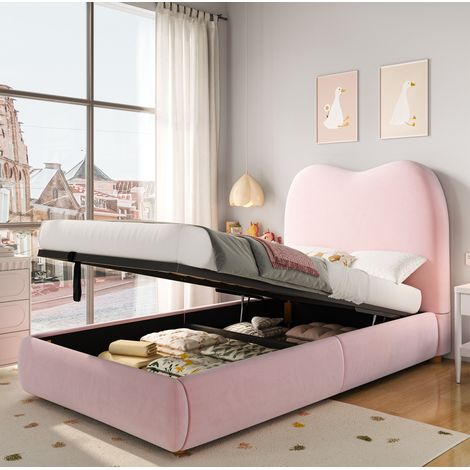 letto contenitore 90x200 bambini velluto rosa HAVRYA (1/5)