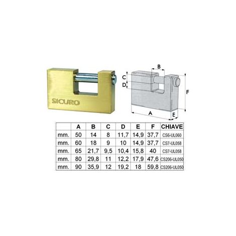 LUCCHETTO RETTANGOLARE IN OTTONE- - mm.80 - 6 pezzi QUALITY