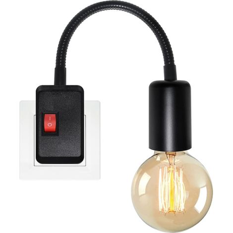 Douille avec Interrupteur, Support Ampoule E27, 20CM Longueur 9MM Grossier Flexible Col de Cygne, Noir Lampe Prise Murale, Spot avec Prise, Lampe de Lecture Murale pour Chambre Bureau, Sans Ampoule (1/5)