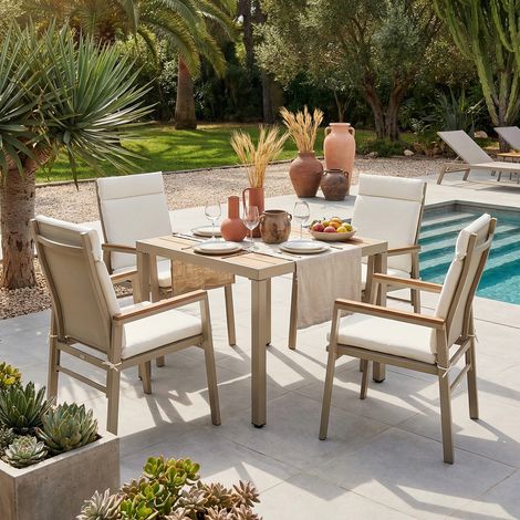 Table de jardin – Table de repas d'extérieur – 4 places – 84 x 84 x 74,5 cm – Structure en fer galvanisé –Plateau en Polywood – Avec trou pour parasol – Kaki (1/5)