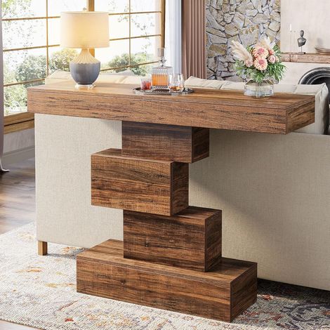 Tribesigns 108 cm Farmhouse Console Table, Narrow Wood Sofa Table Behind Couch with Geometric Base, Industrial Entryway Accent Table for Living Room, Hallway, Entrance (Rustic Brown)