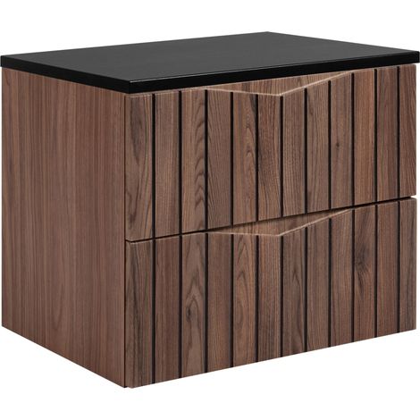 Meuble de salle de bain sous vasque suspendu avec plan noir STELLA noyer 60 cm façades rainurées