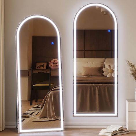 165x65cm Arqué Miroir sur Pied LED, Grand Miroir Mural sans Cadre, Miroir Pleine Longueur Bombé, 3 Modes Couleur et Luminosité Réglable, Miroir intégral pour Chambre à Coucher, Salon (Blanc) (1/5)