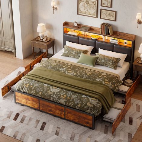 Superaly - Lit double avec 4 tiroirs 180x200 cm - Tête de lit capitonné - Rangement de chevet - Lit en bois de fer - Lit adulte avec lumières LED - PU - Noir (1/5)