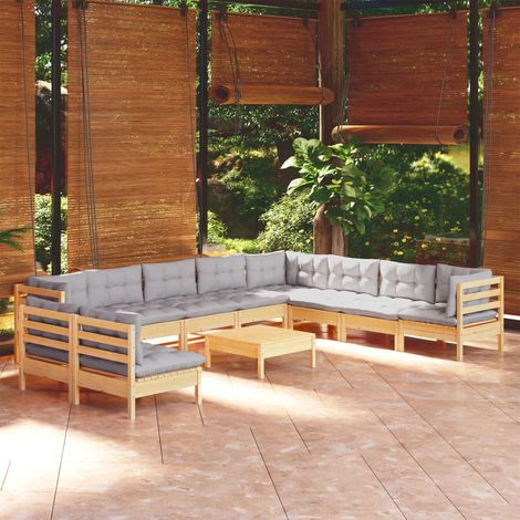 INLIFE Salon de jardin 11 pcs avec coussins gris Bois de pin solide (1/5)