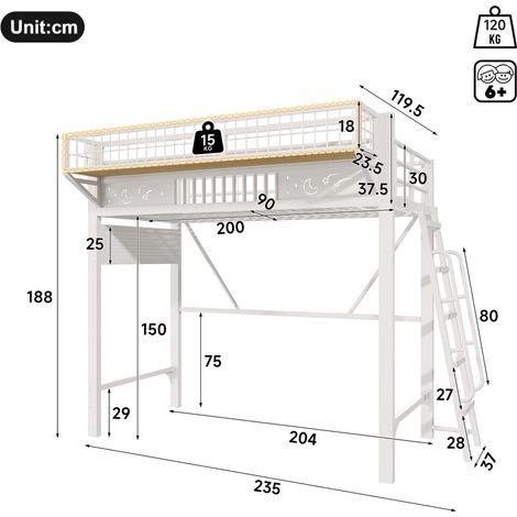 Lit Mezzanine 90 x 200 cm structure métal Lit Simple compartiments de rangement niveau inférieur ouvert finition blanche (1/2)
