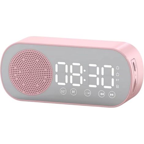 Longziming - Radio-réveil numérique avec haut-parleur - Réveil Bluetooth - Double alarme - Radio FM - ABS - Affichage LED effet miroir - Portable et multifonctionnel - 1 pièce - Rose (1/5)