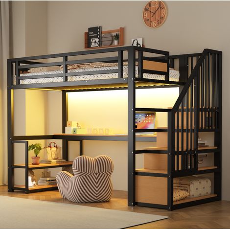 Cama alta 90x200 cm negra metal y MDF con escritorio, estantes y escalera de almacenaje (1/5)