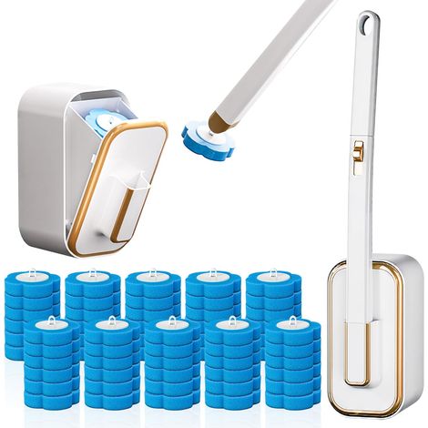 Brosse pour WC — Tige et support de brosse, 66 têtes jetables remplaçables, conception ergonomique, format compact, fixation murale, brosse pour WC de camping-car et nettoyage des recoins (1/5)