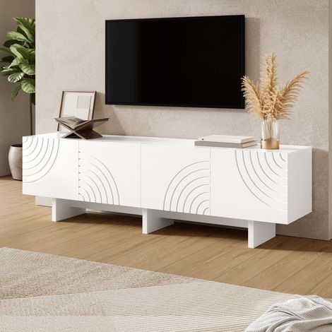 Mobile tv bianco 170x35x50 cm con 4 ante e motivi geometrici in rilievo - porta tv lowboard moderno in mdf per soggiorno con passacavi e grande spazio (1/5)