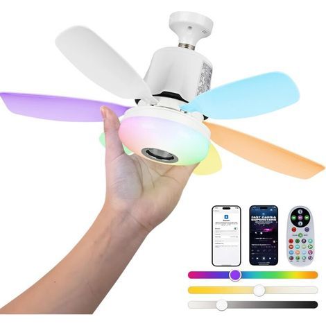 47 cm RGB-Deckenventilator mit Beleuchtung, 32 W, E27-Fassung, verstellbare Beleuchtung mit 3 Geschwindigkeitsstufen, 6 Flügeln und Fernbedienung, unterstützt RGB-Farben, Musikwiedergabe (mehrfarbig) (1/5)