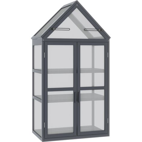 Serre de jardin, en bois, 3 niveaux de rangement, avec portes, 70,5 x 42 x 132 cm, pour jardin et terrasse