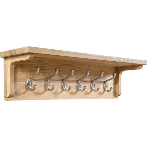 Hallowood Furniture Waverly Oak Coat Rack, Solid Wooden Wall Mounted Coat Hanger with 6 Metal Hooks for Jackets, Clothes & Hat, Light Oak Shelf with Hooks for Hallway, Entryway, and Living Room (1/5)