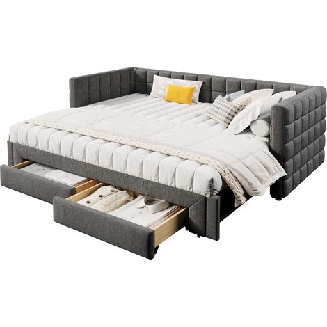 Divano letto in velluto grigio 90x200 cm, estraibile fino a 180 cm, con 2 cassetti e schienale quadrato, senza materasso - CHICFURN (1/5)