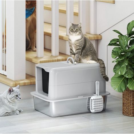 Bac à litière pour chat avec bac en acier inoxydable, filtre et pelle, 60,5 x 40,5 x 41,5 cm, gris (1/5)