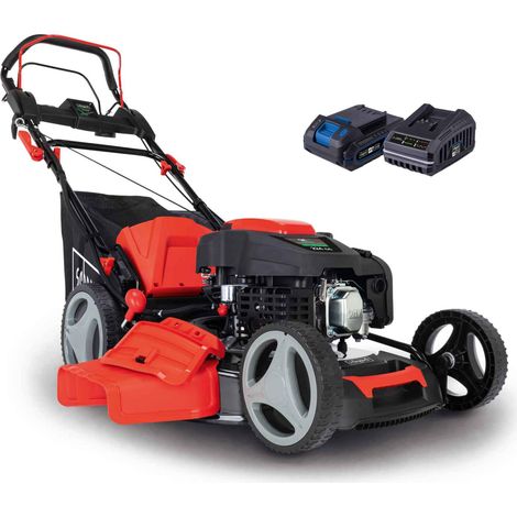 Scheppach Tondeuse à gazon hybride MS225-53E – Moteur 4 temps 224 cm3 / 6 CV – 4400 W – Largeur de coupe 53 cm – Démarrage électrique – Bac 65 L – Batteries & chargeurs inclus