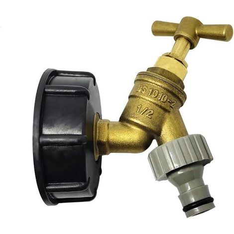 IBC Tank Adapter S60X6 to Brass Garden Faucet with 1/2" Hose Connector for Oil, Fuel, Water (1/4)