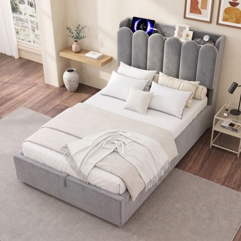 Cama tapizada, individual, infantil de 90 x 200 cm, con sistema hidráulico funcional, somier de láminas, cabecero tapizado, amplio espacio de almacenamiento, estación de carga USB y Tipo-C, lámpara de (1/5)
