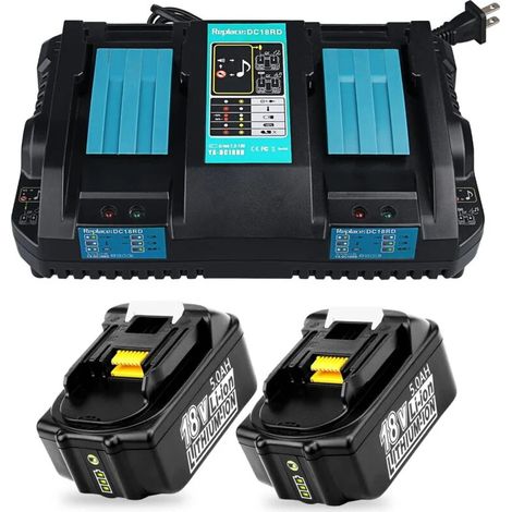 DC18RD Chargeur Rapide à Double Port et Batterie Compatible pour Makita 18V 5.0Ah pour BL1860B BL1860 BL1850 BL1845 BL1840B BL1840 BL1835 BL1830B BL1830
