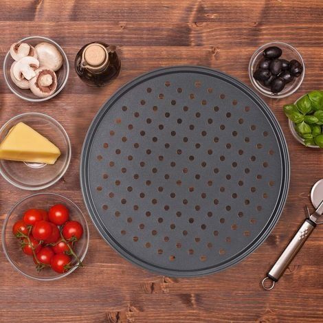 Set mit 2 runden, antihaftbeschichteten, perforierten Pizzablechen aus schwarzem Kohlenstoffstahl, hitzebeständiges Gitter, ideal für Tartes, Quiches, Pizzen und Gebäck, 32 cm Durchmesser (1/3)