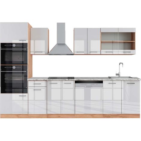 Cucina componibile R-Line, Bianco lucido/oro power oak, 300 cm con armadio alto, PL Marmo, Vicco