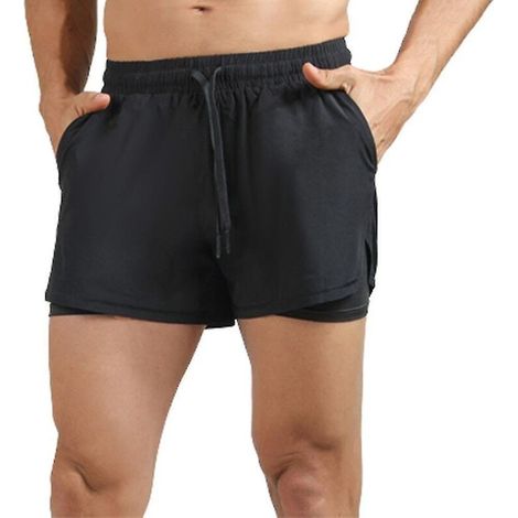 Doppellagige Herren-Sportshorts mit Reißverschlusstasche, atmungsaktiv und schnelltrocknend, ideal für Training und Radfahren – XL – Schwarz (1/4)