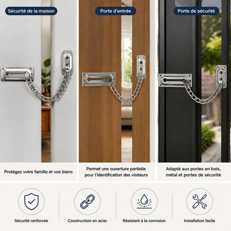 Chaine de Securite Anti-Effraction Fer Nickele 90 mm pour Porte d'Entree et Armoire (1/4)
