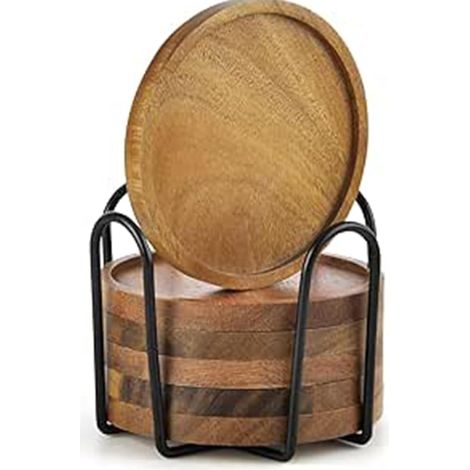 Ronds Dessous de Verre en Bois d'acacia avec Support Bambou Assiette Bougies Baptême Boissons Tasses Verre Maiso Bar (1/5)