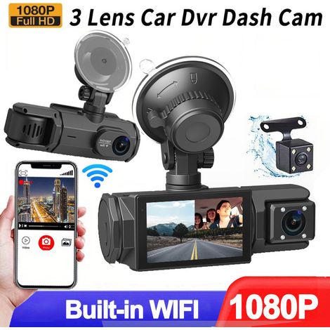 High-Definition-1080P-Fahrtenrekorder mit drei Objektiven und demselben Display mit Rückfahrbild, Handy-WLAN, Auto-DVR